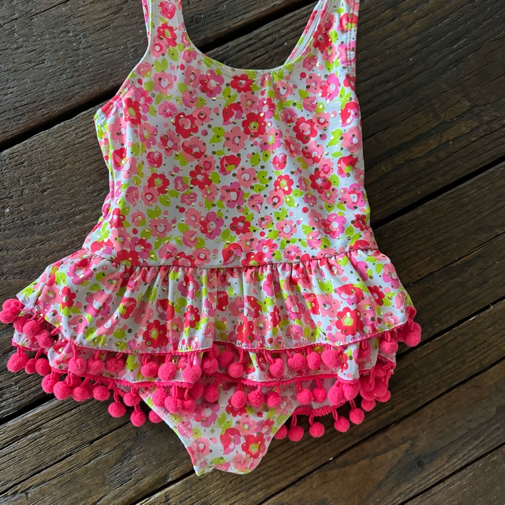 Nicole Miller Girls Floral Pom-Pom Ruffle One-Piece Swimsuit - Pink Size 5 - Picture 7 of 7